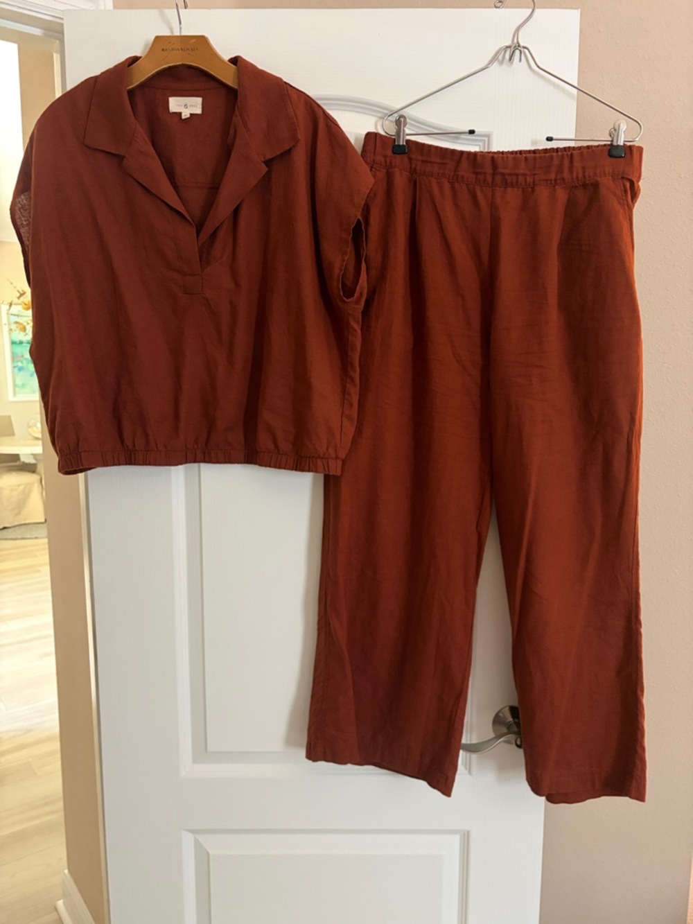 Wide-Leg Linen-Blend Two-Piece Set in Rust